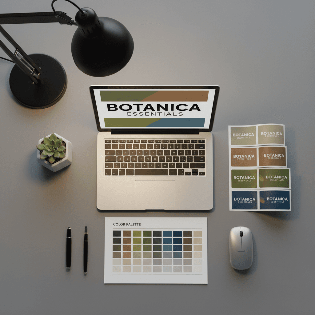 Label design on laptop with printed proofs and color swatches on desk