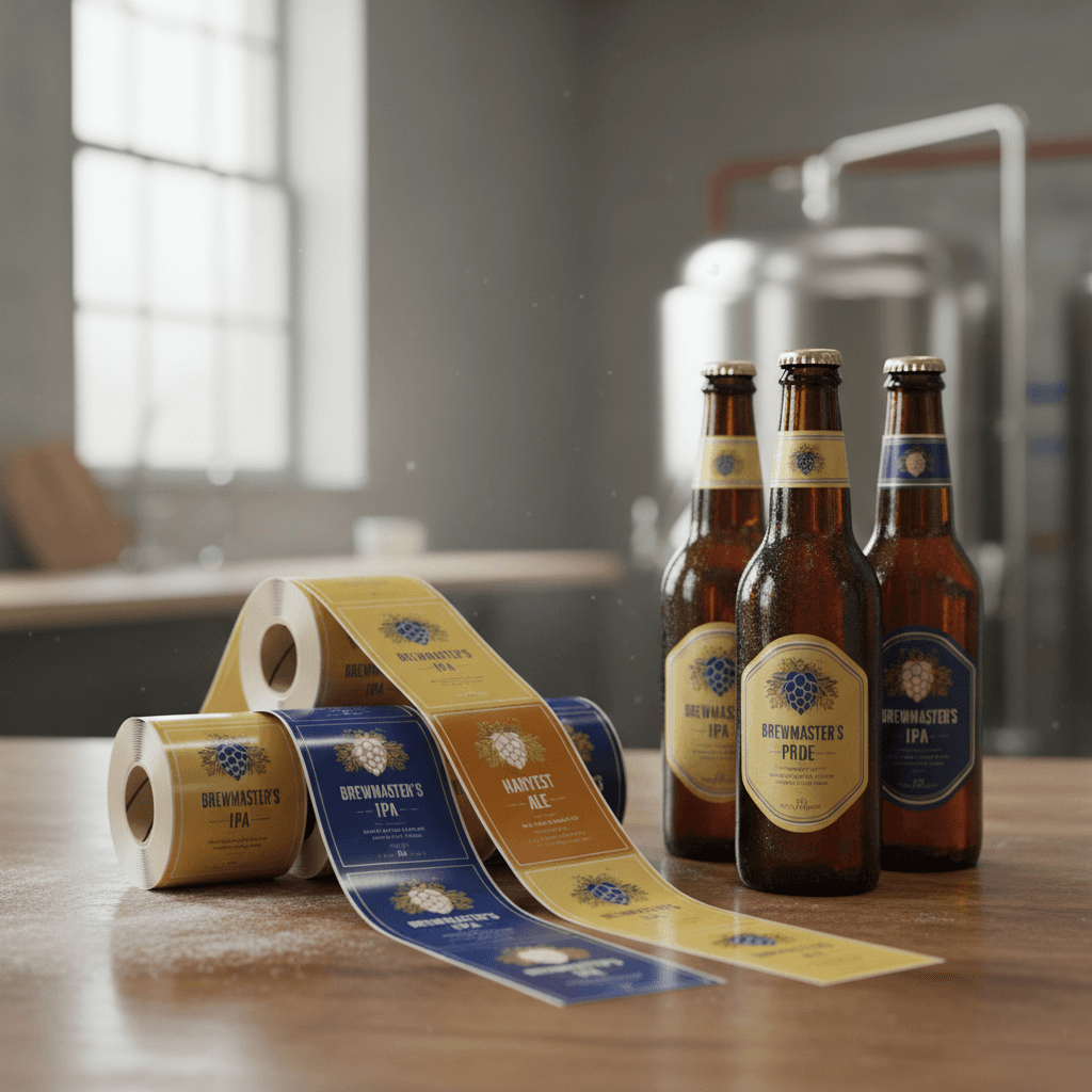 Small stack of beer label rolls beside filled bottles at a brewery