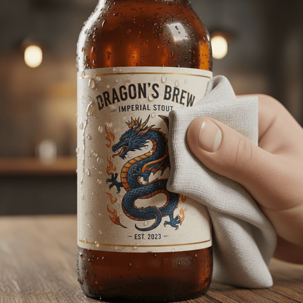 Hand wiping a wet cloth across a craft beer label