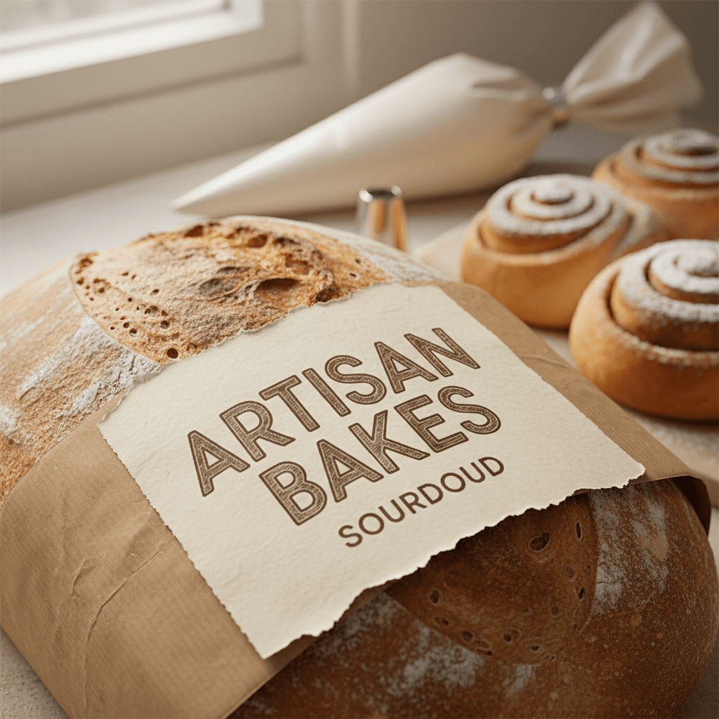 Label on a wrapped loaf of artisan bread with pastries in the background