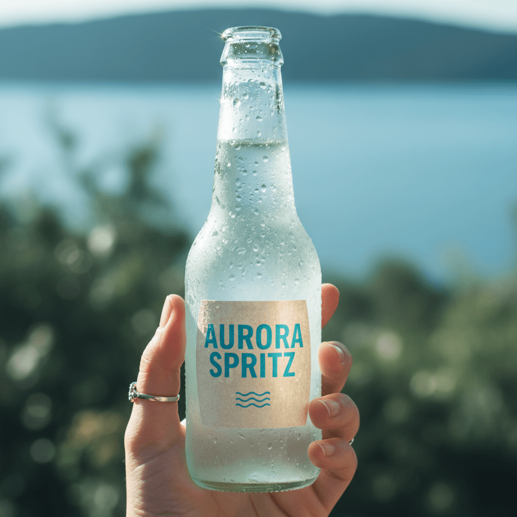 Close-up of a chilled bottle with water droplets on its label