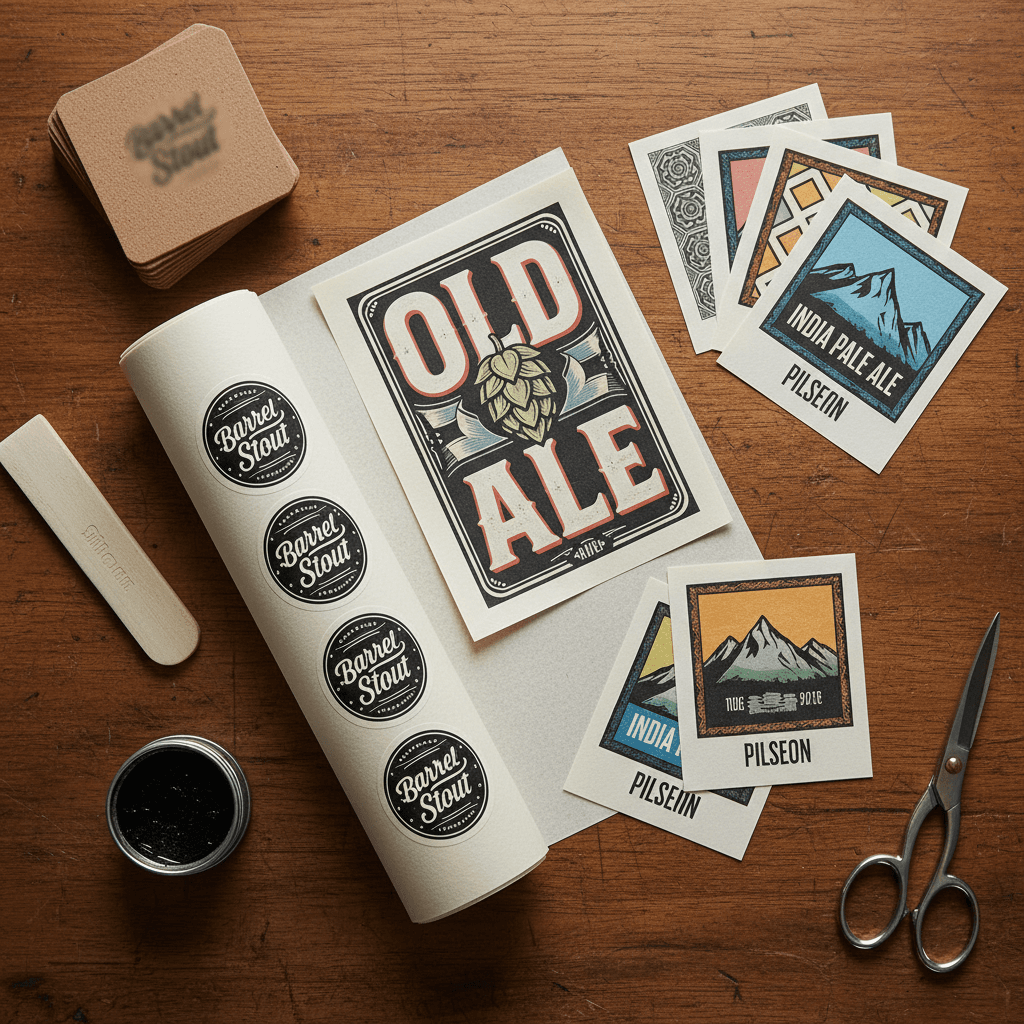 Brewery workbench with label material samples and printed proofs