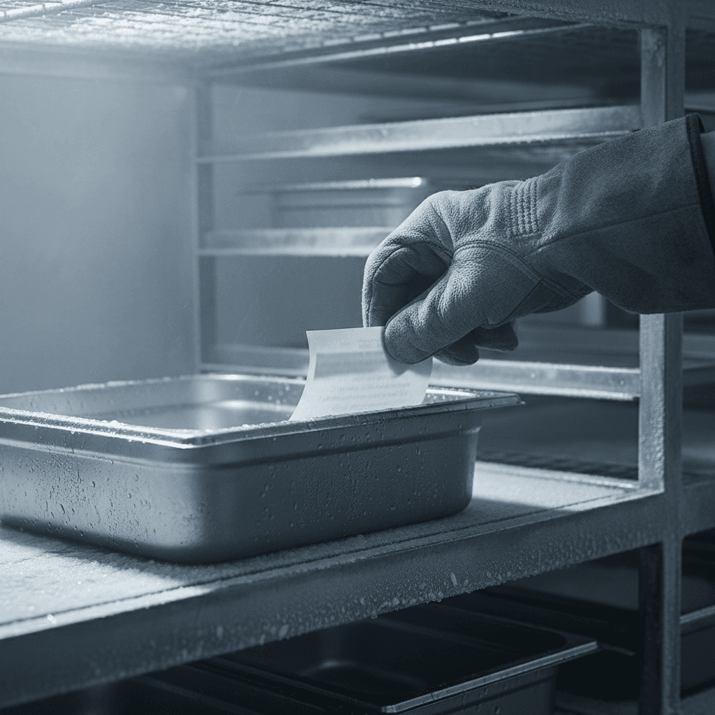 Gloved hand peeling a label in a frosty cold storage room
