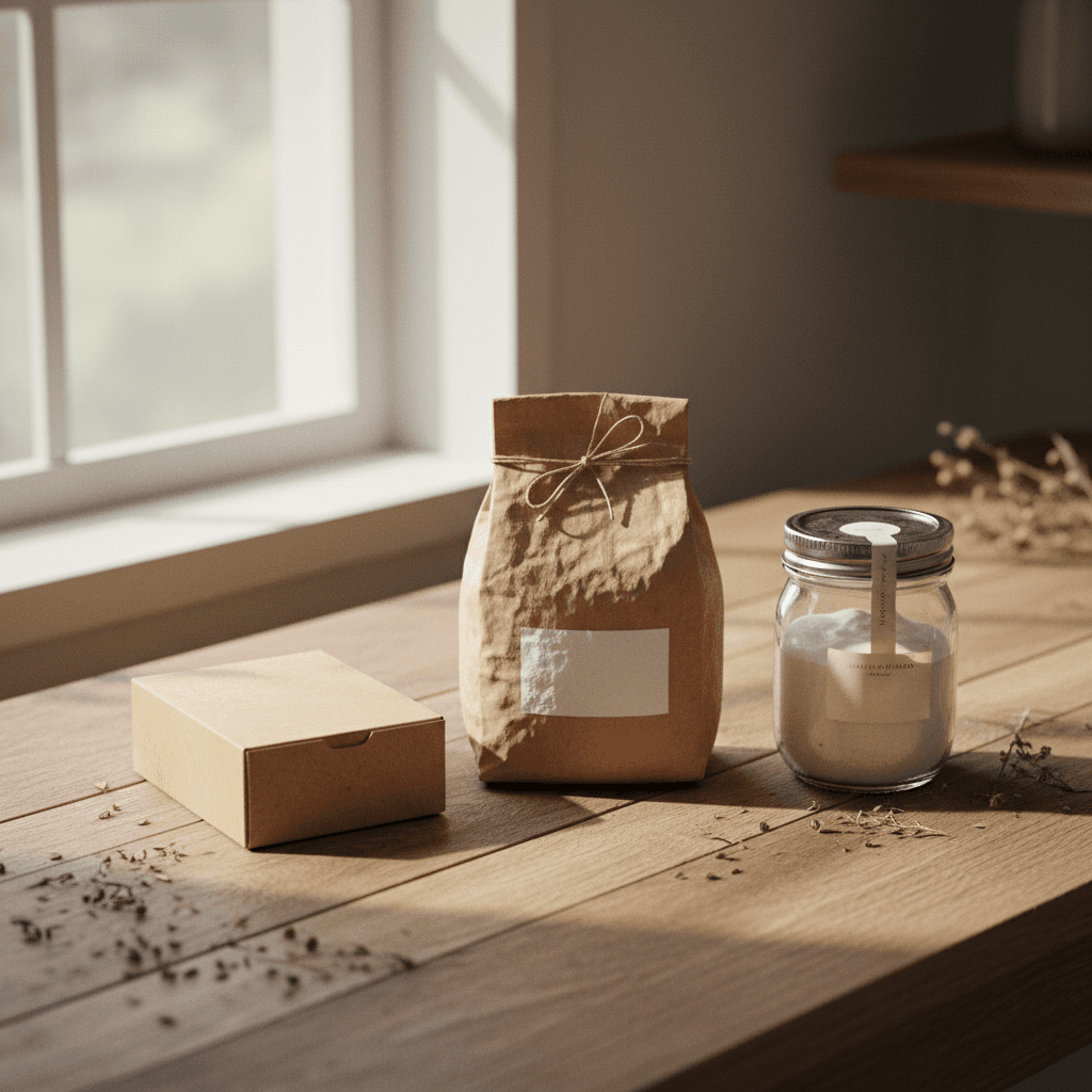 Jars, pouches, and boxes displayed on a wooden counter