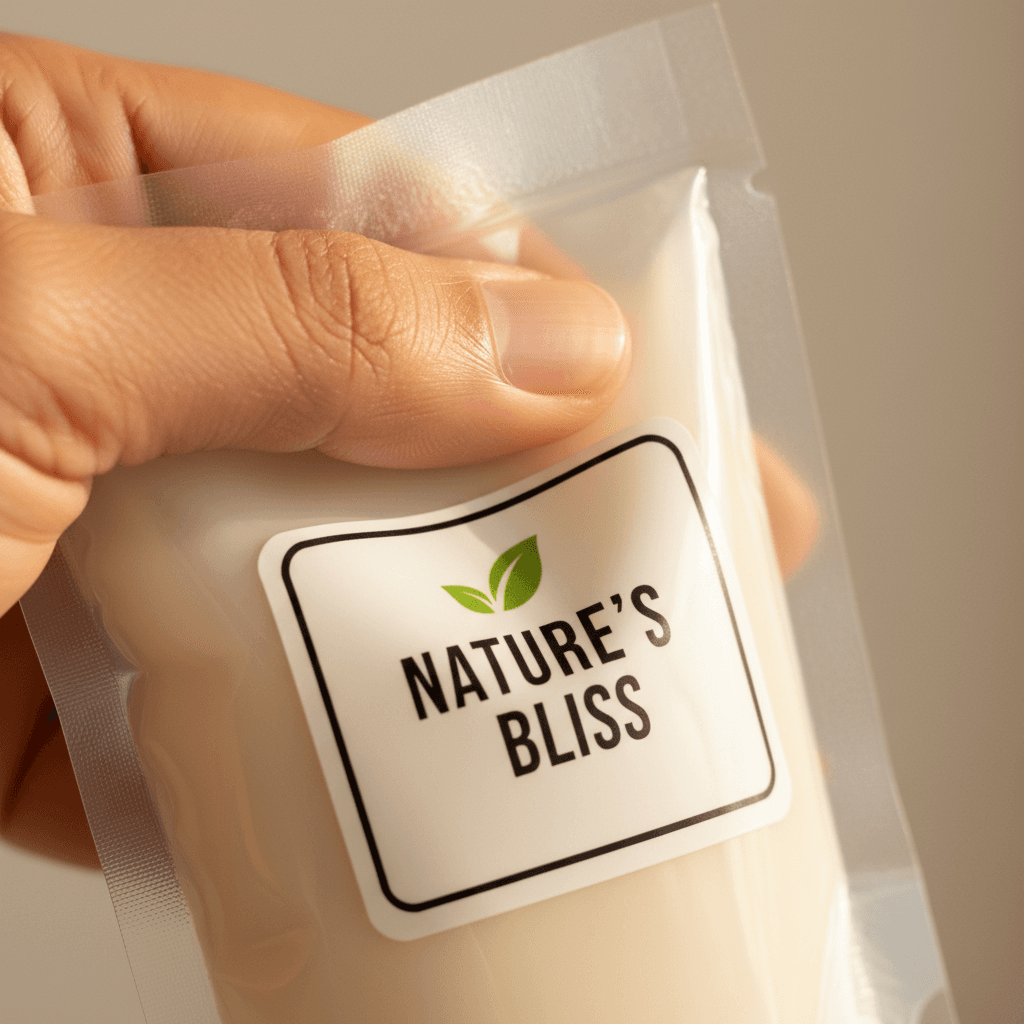 Hand squeezing flexible film pouch with a conforming label
