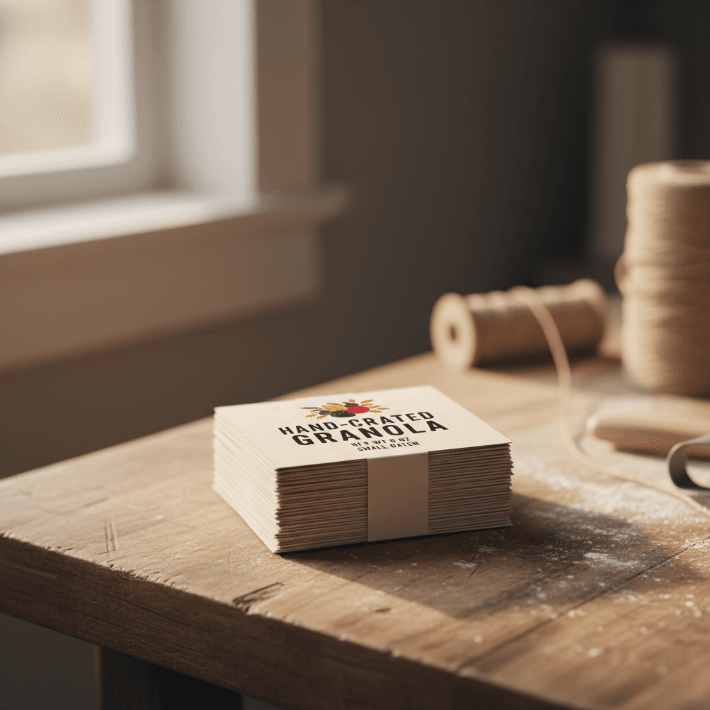 Small stack of printed food labels on a workbench