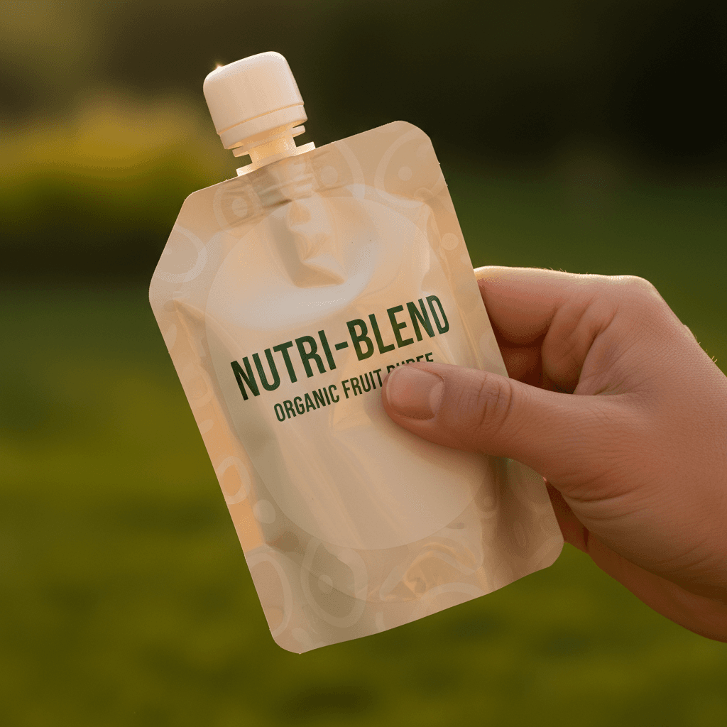 Hand holding food pouch with soft-touch matte label