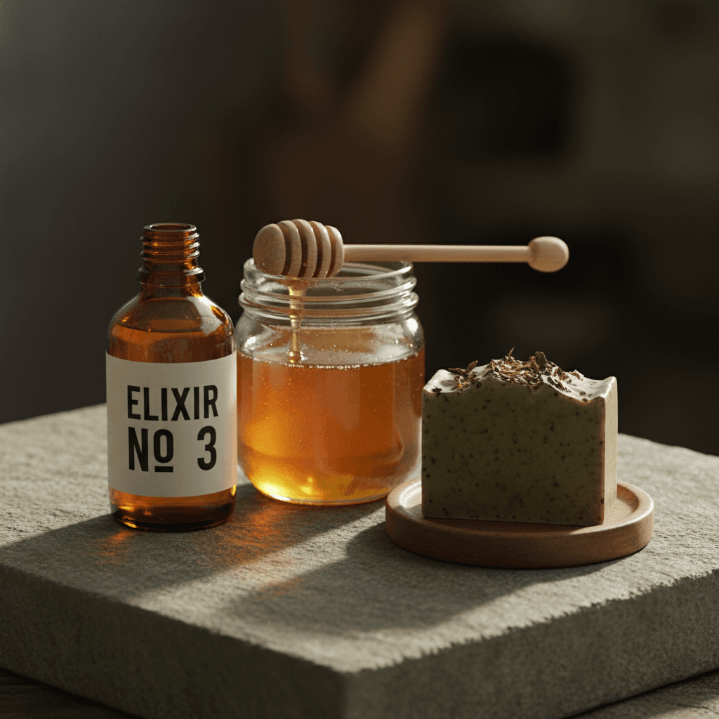Small-batch bottle with a crafted label on a stone surface