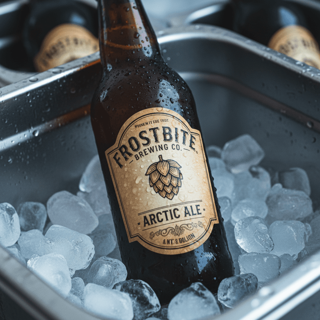 Craft beer bottle with condensation droplets in an ice-filled cooler