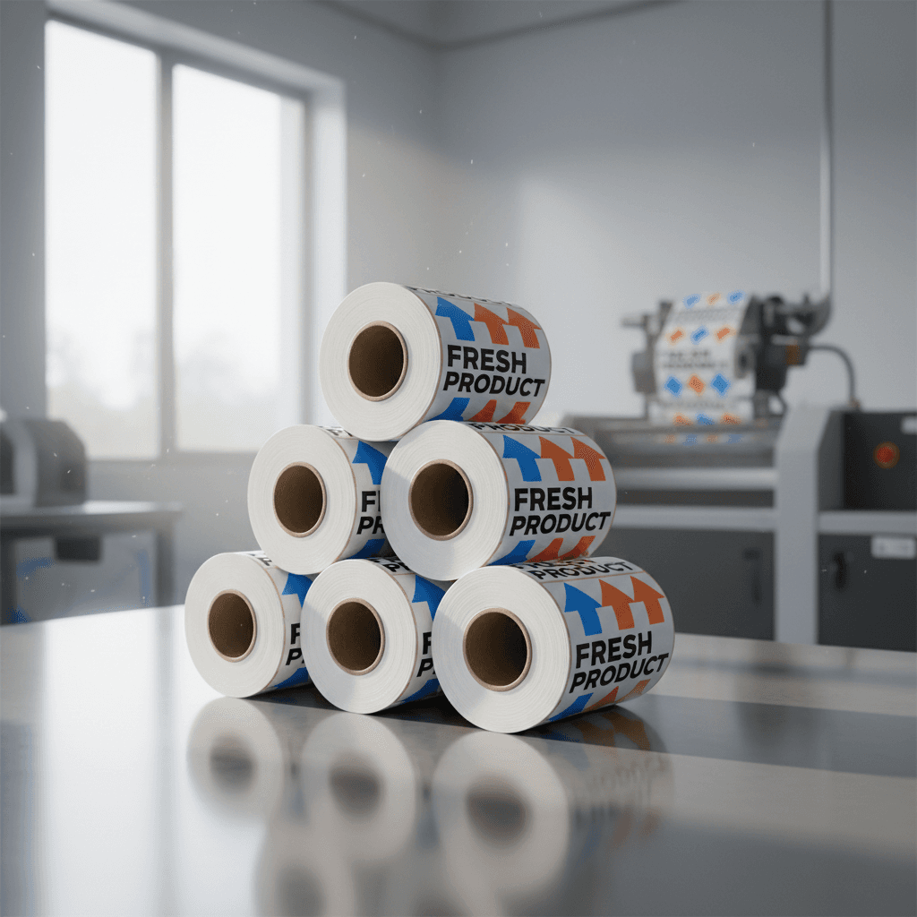 Freshly printed label rolls stacked on an industrial workbench
