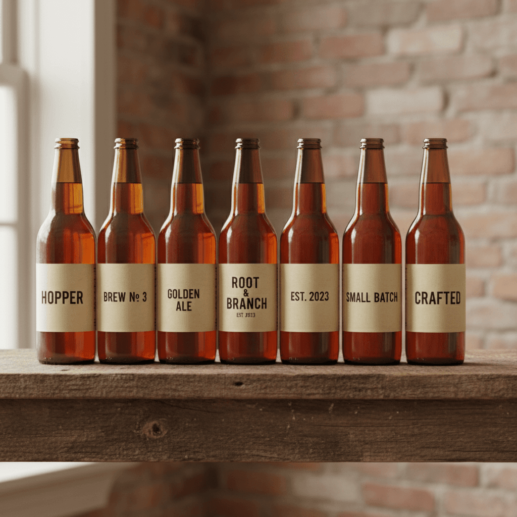 Craft beer bottles with distinct labels on a wooden shelf