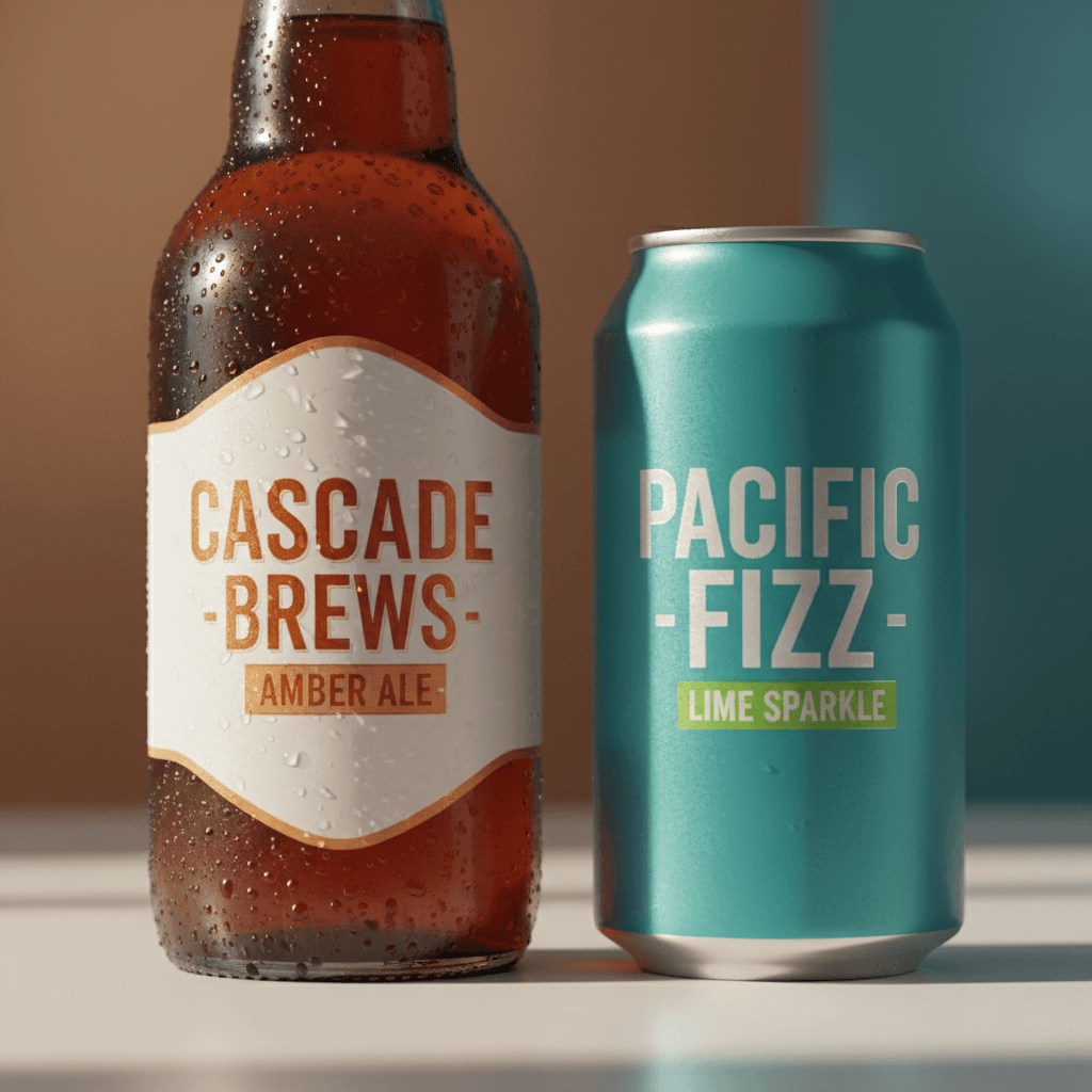 Craft beer bottle and soda can with glossy waterproof labels