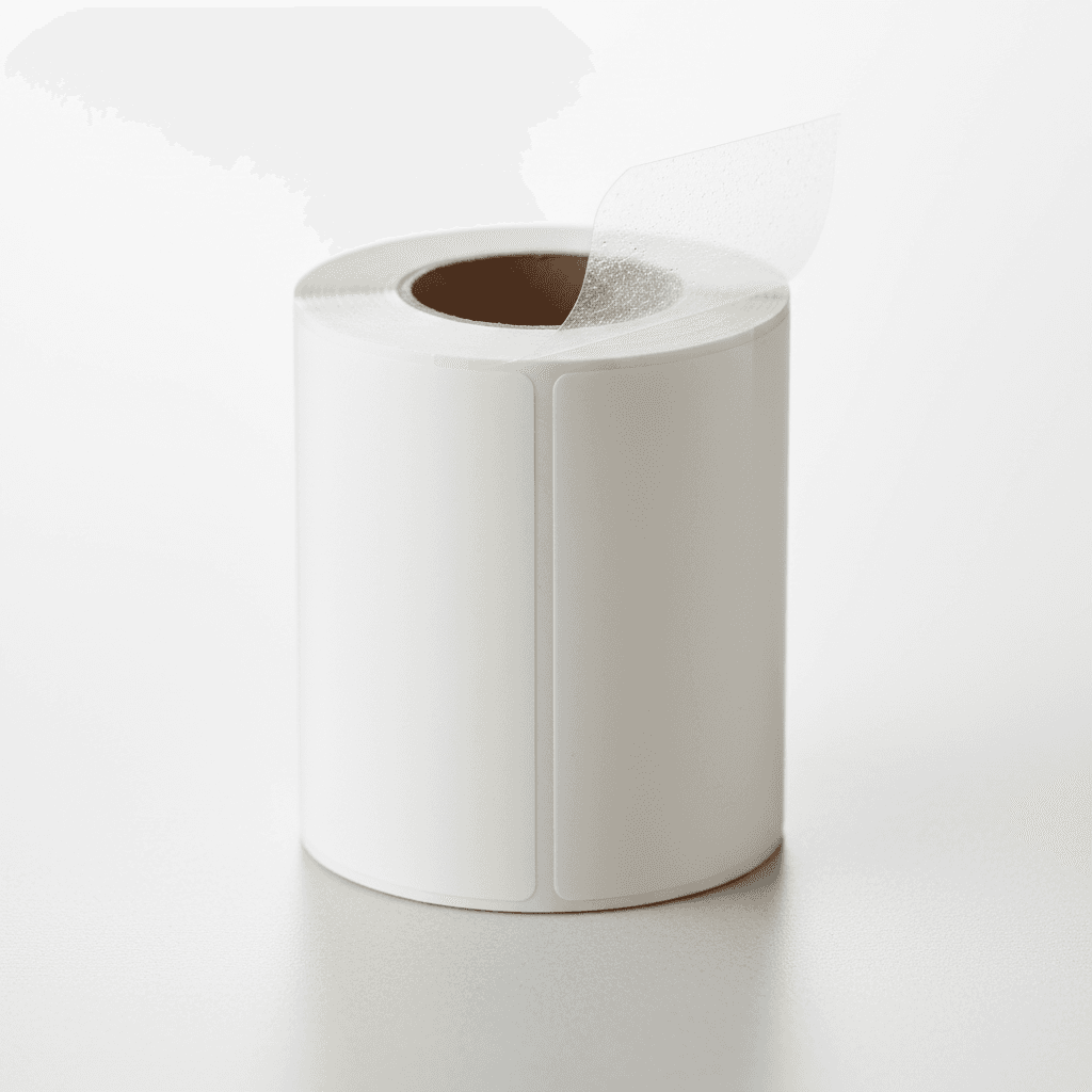 Close-up of a clear adhesive label roll with a smooth, food-safe film surface