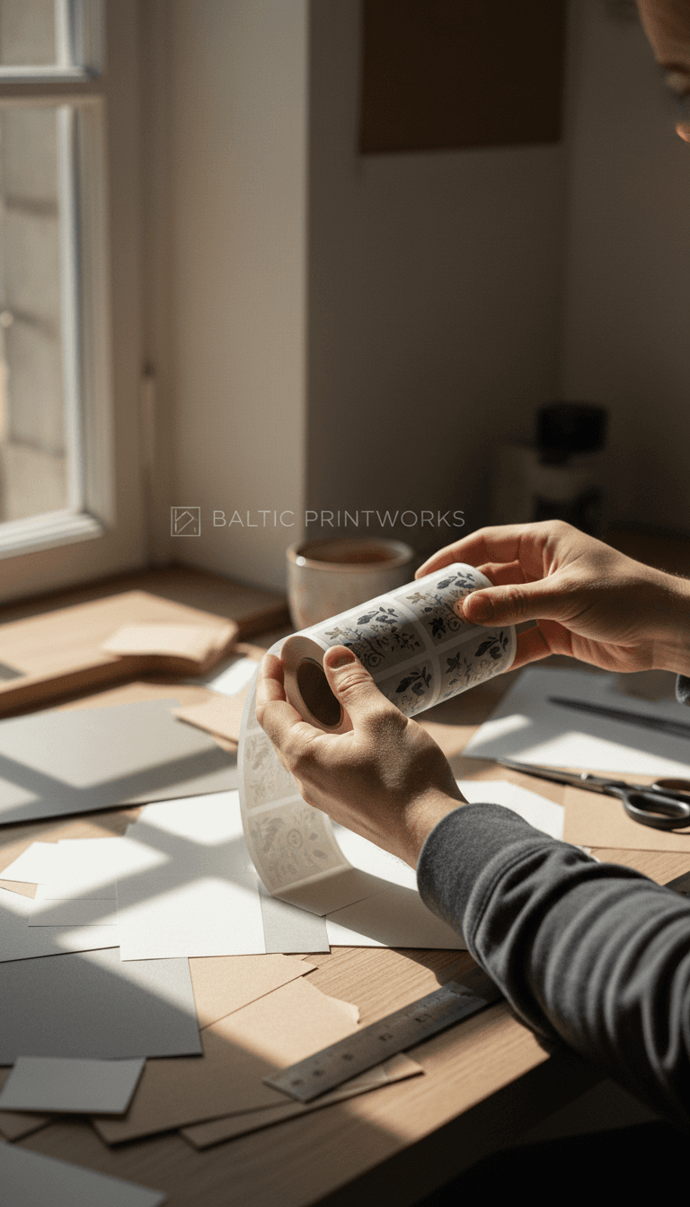 Hands inspecting a printed roll of labels in a bright studio