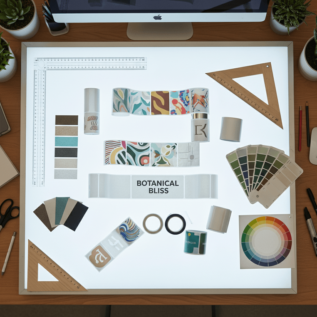 Label proofs spread across a design workspace with color swatches