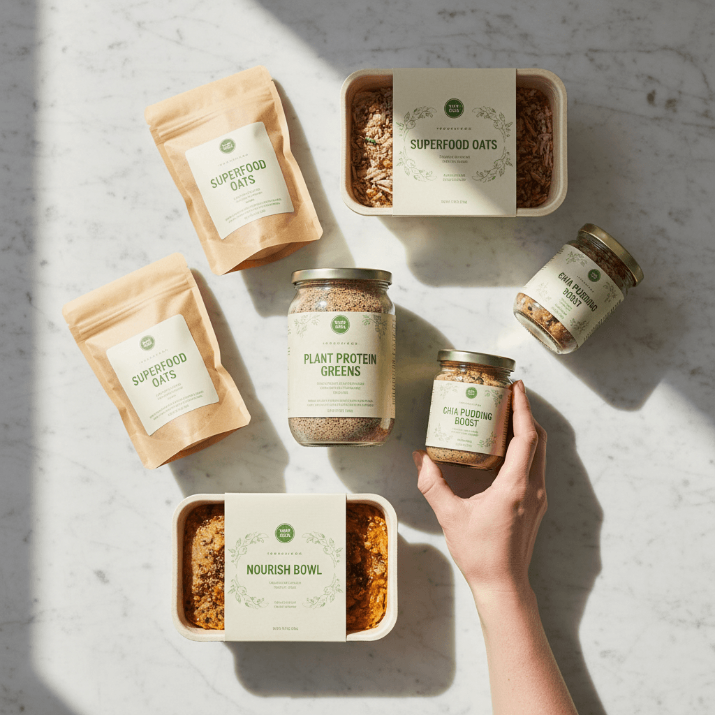 Assorted food jars and pouches with moisture-resistant labels on marble counter