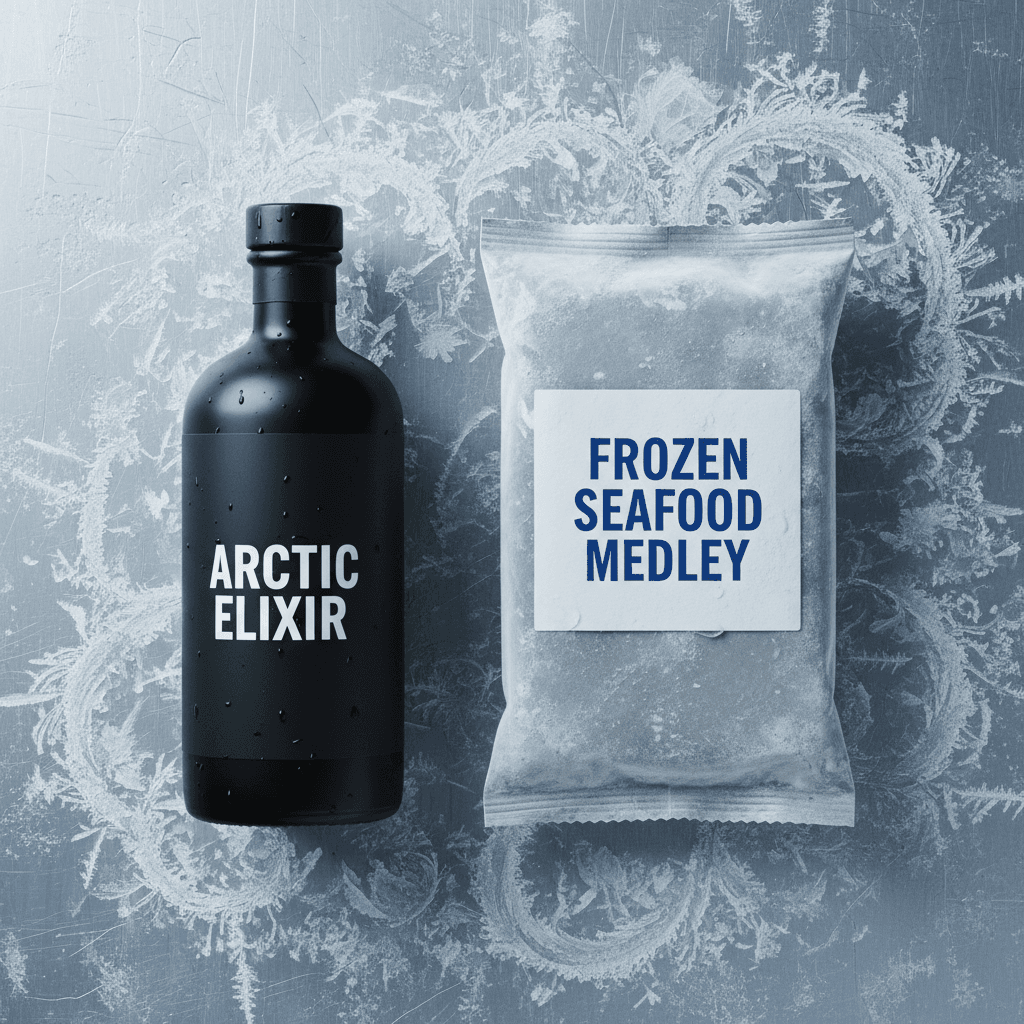 Bottles and frozen food packages with matte labels on frost