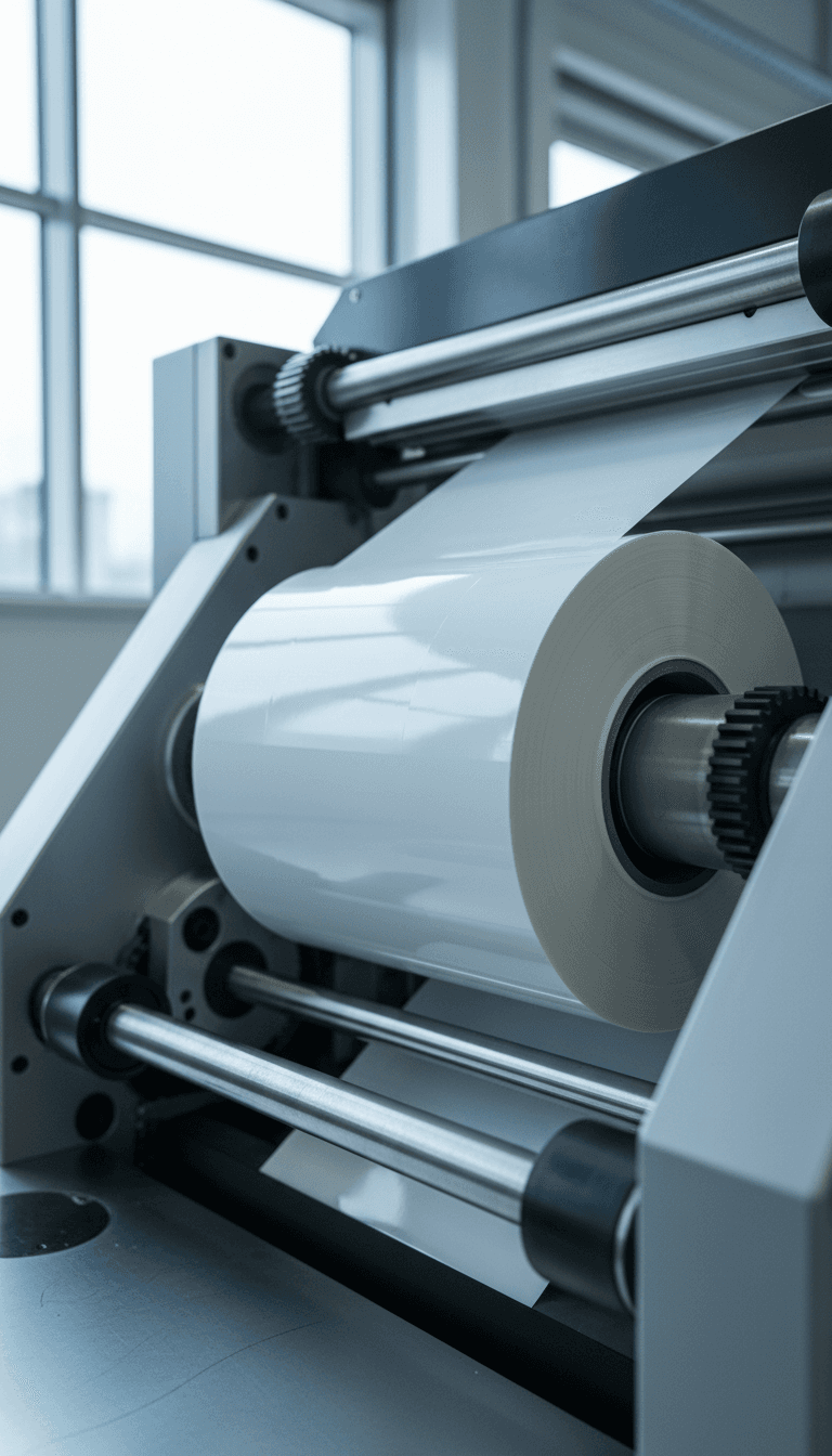 Close-up of label stock on a printing press