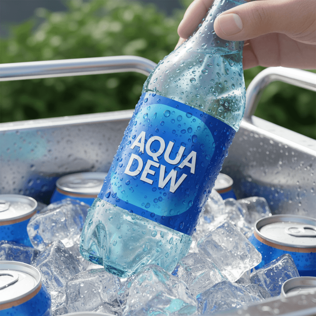 Beverage bottle with glossy label being pulled from a cooler