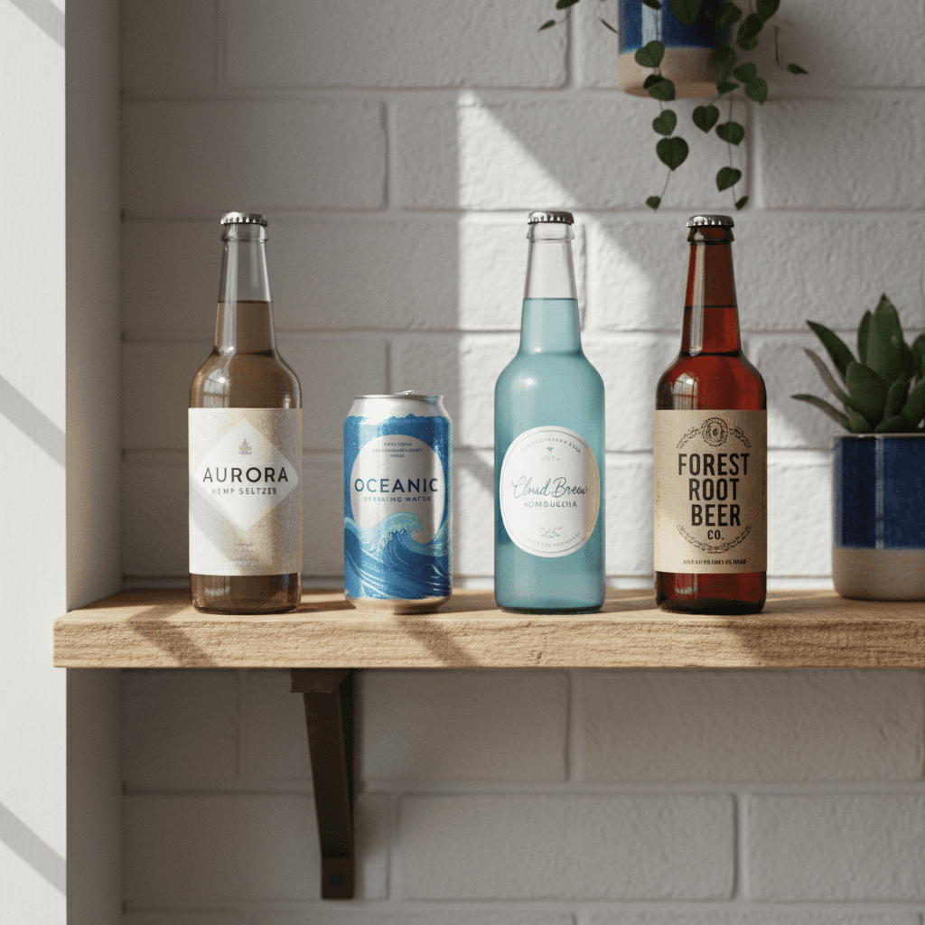 Line of beverage containers with various label finishes on wooden shelf